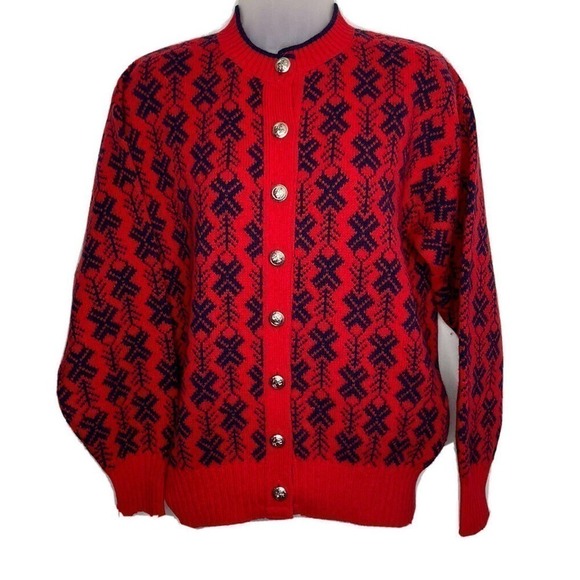 VINTAGE Fall River Wool Blend Cardigan Sweater Womens Medium Red Blue Snowflake - Picture 1 of 12